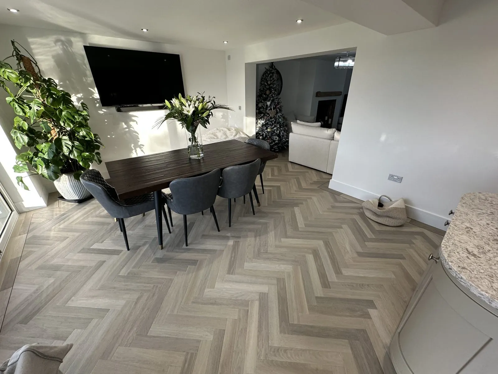Hospitality flooring installation — LVT and safety vinyl fitted in a restaurant front-of-house and commercial kitchen